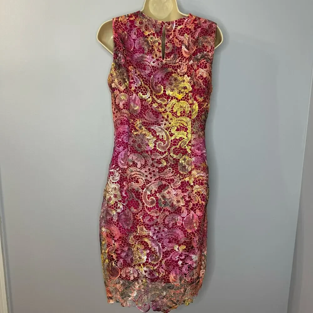 Belle Badgley Mischka Lace Pink Floral Ombre Dress Women's 8 - Picture 7 of 13